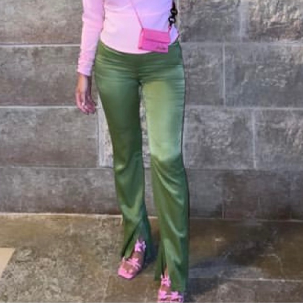 Green silk zara pants with slit at bottom